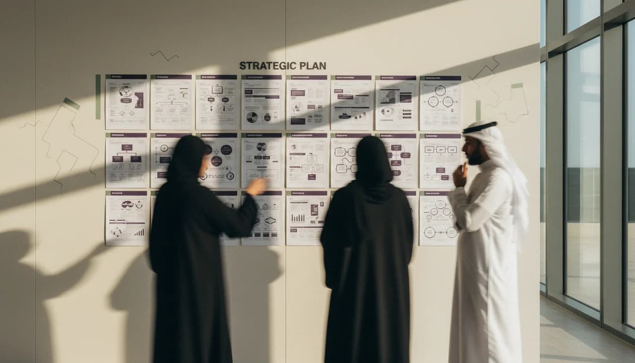 A team reviewing the finished strategic plan pinned on the wall