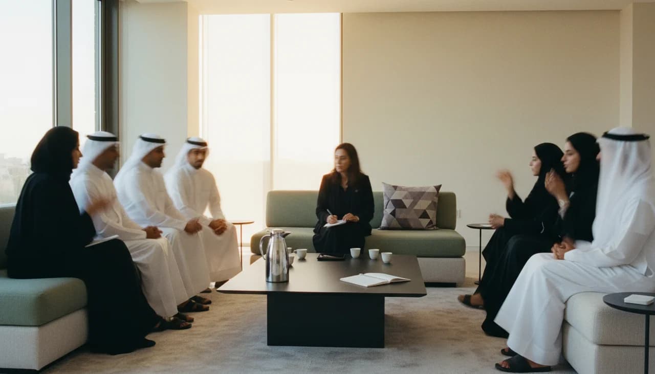 A community listening session in a modern majlis — community engagement