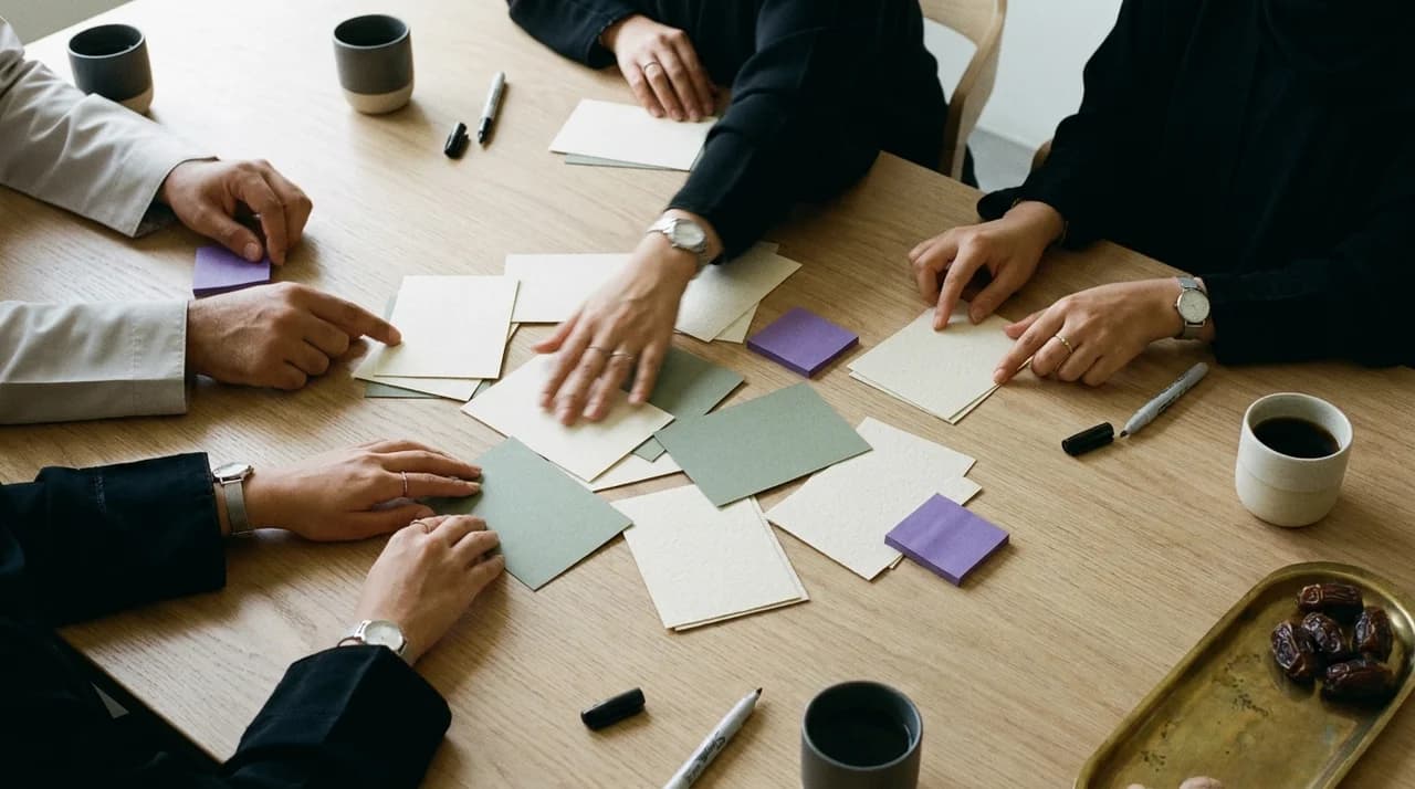 A co-creation workshop with sage and purple planning cards — sustainability & ESG