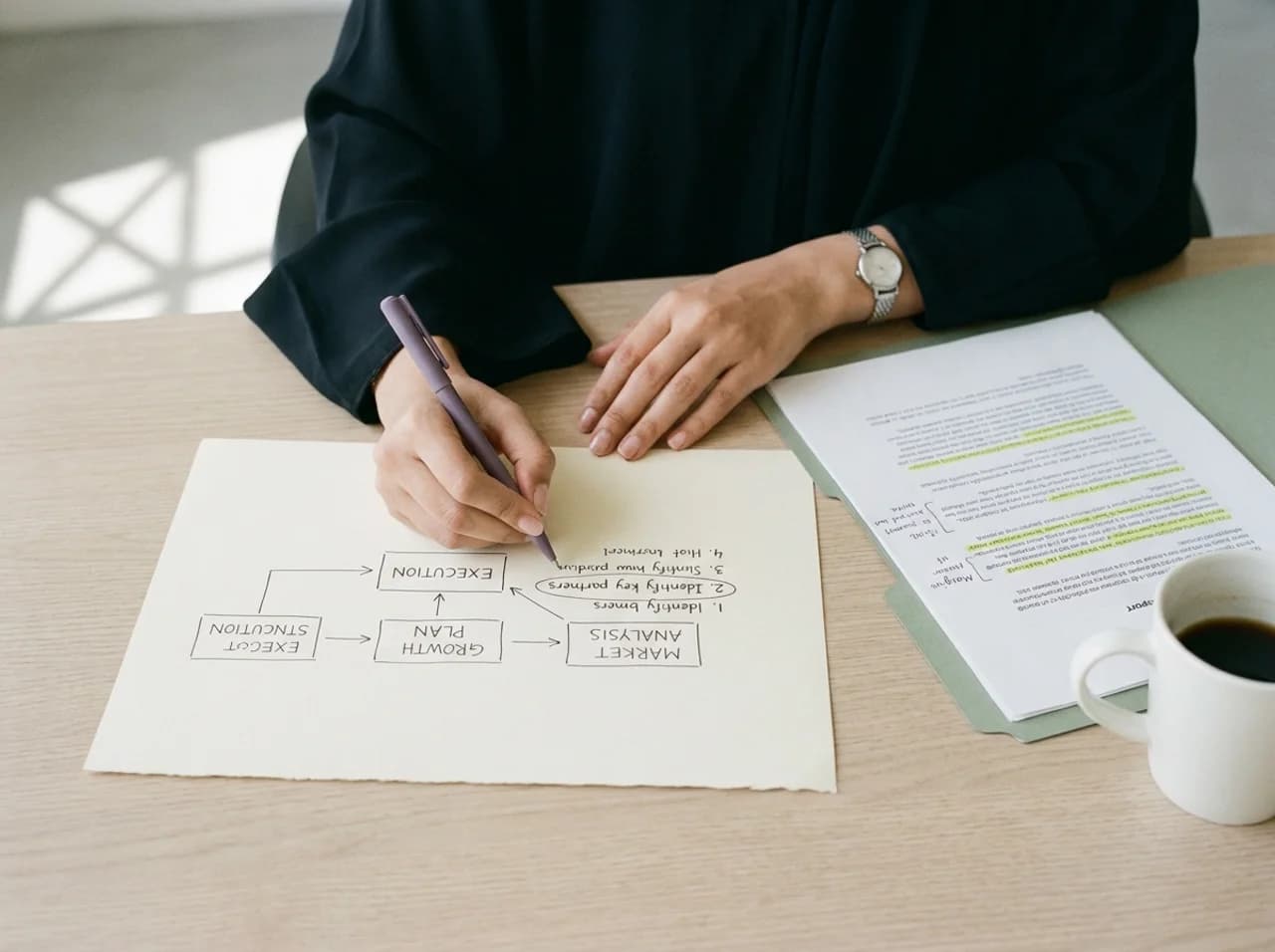 Hands drawing a bespoke strategy framework on paper — program design