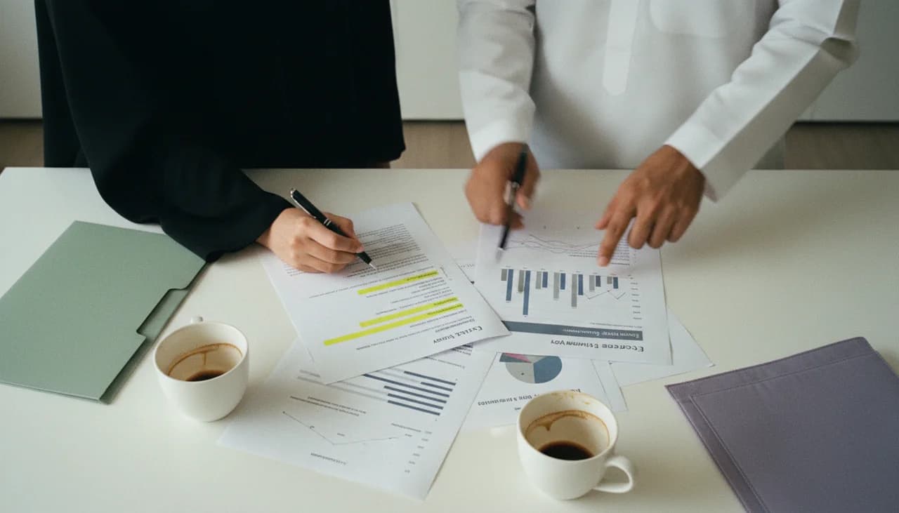 Hands annotating charts and printed documents — research & evaluation