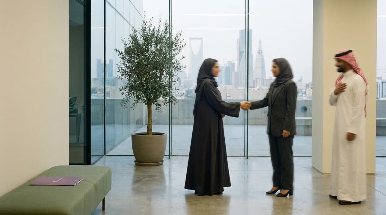 A warm greeting in a corporate lobby overlooking the Riyadh skyline