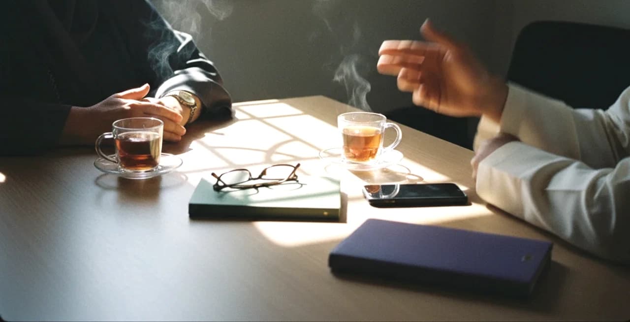 A quiet one-on-one conversation over two glasses of tea, a notebook, and reading glasses